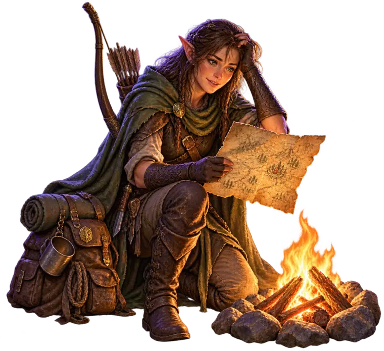 Fantasy ranger consulting a weathered map beside a campfire